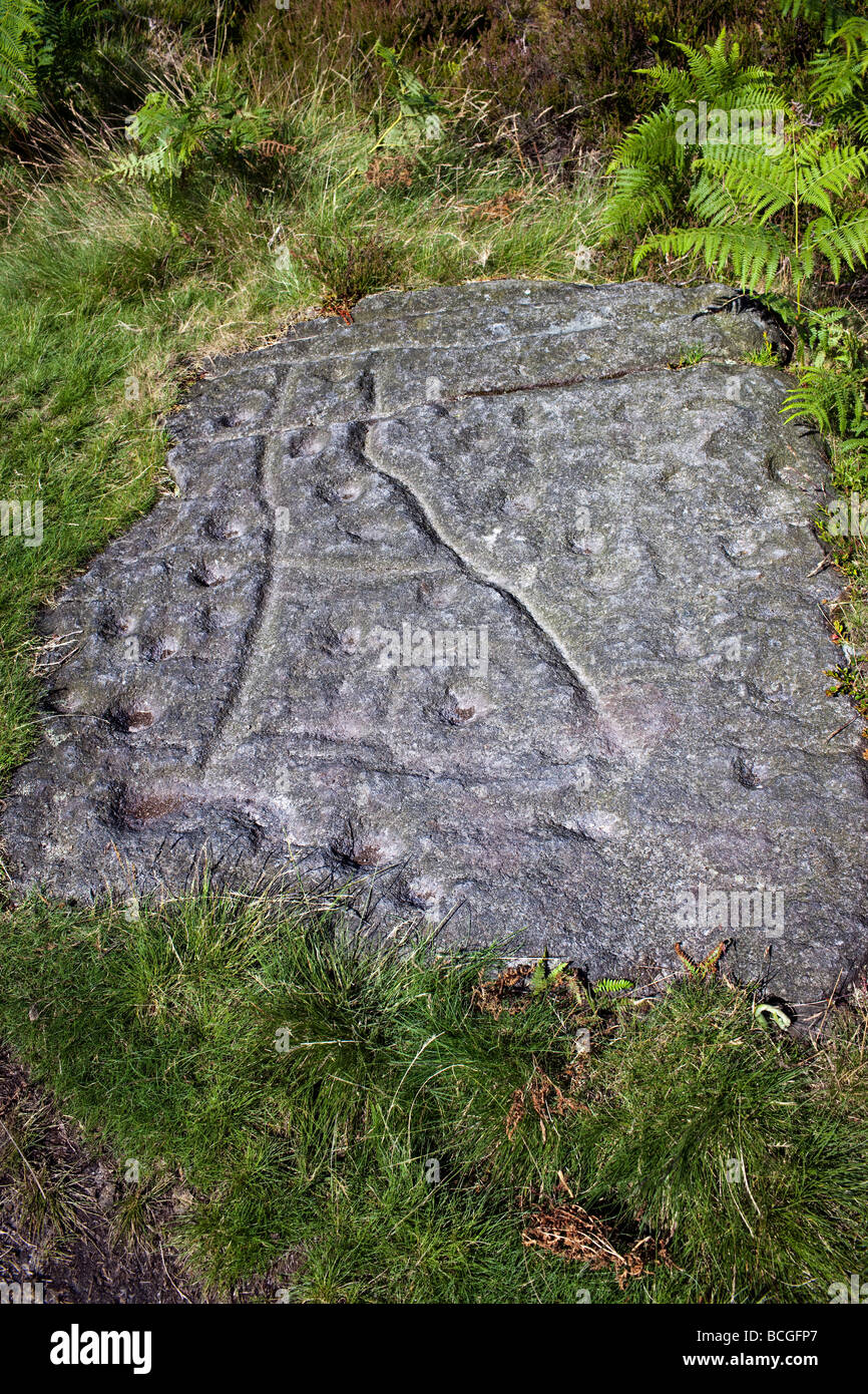 Prehistoric rock carvings on Ilkley Moor, Yorkshire UK Stock Photo