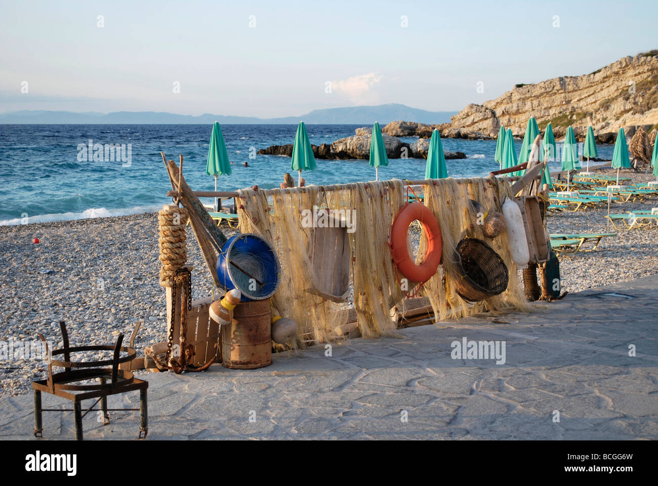 Fishing net and tools at the beach, Samos, Greece 2009. Stock Photo