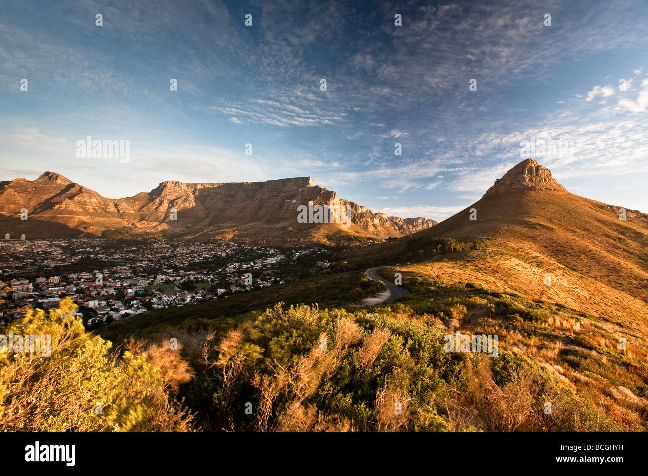 Cape Town Devil's Devils Peak Lion's Lions Head Table Mountain Signal Hill Sunset, South Africa Western Cape Stock Photo