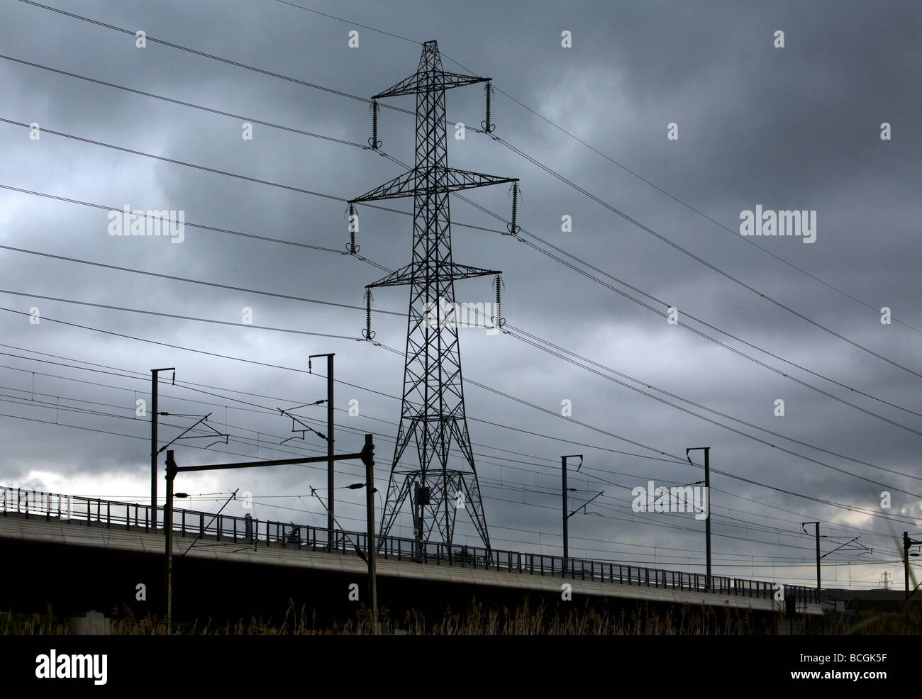 Electricity pylons at Rainham Marshes Essex Stock Photo