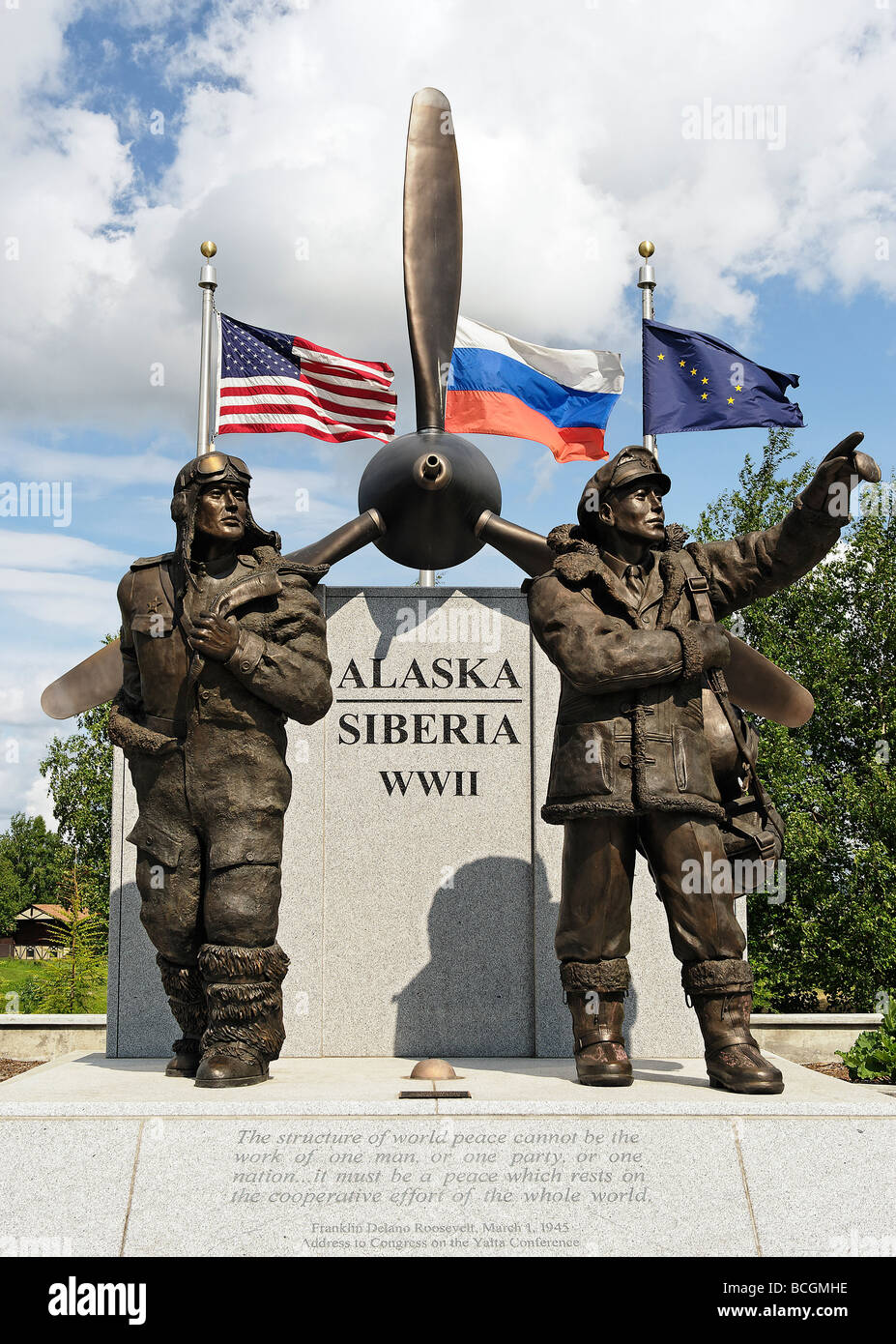 Alaska Siberia Lend Lease statue memorial Fairbanks, Alaska, USA Stock Photo