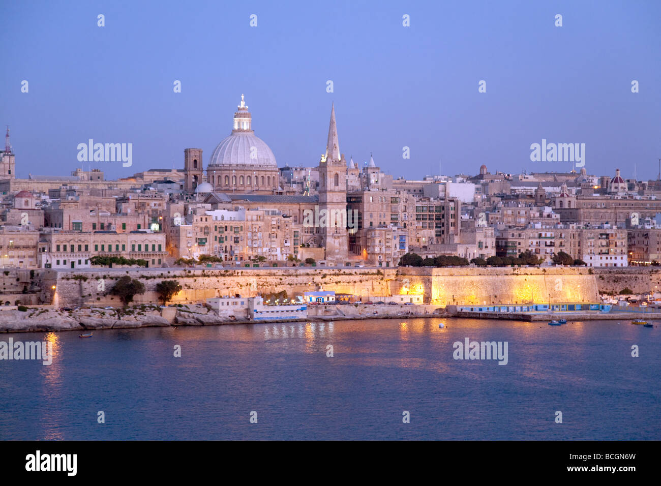 Valletta skyline from Sliema in the evening, Malta Stock Photo