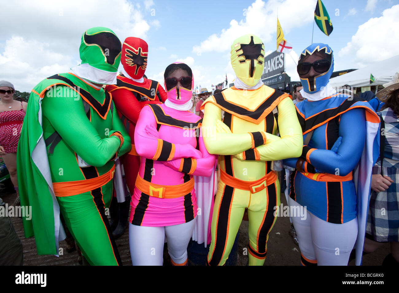 Fancy dress power rangers at Glastonbury Festival 2009 Somerset England  Stock Photo