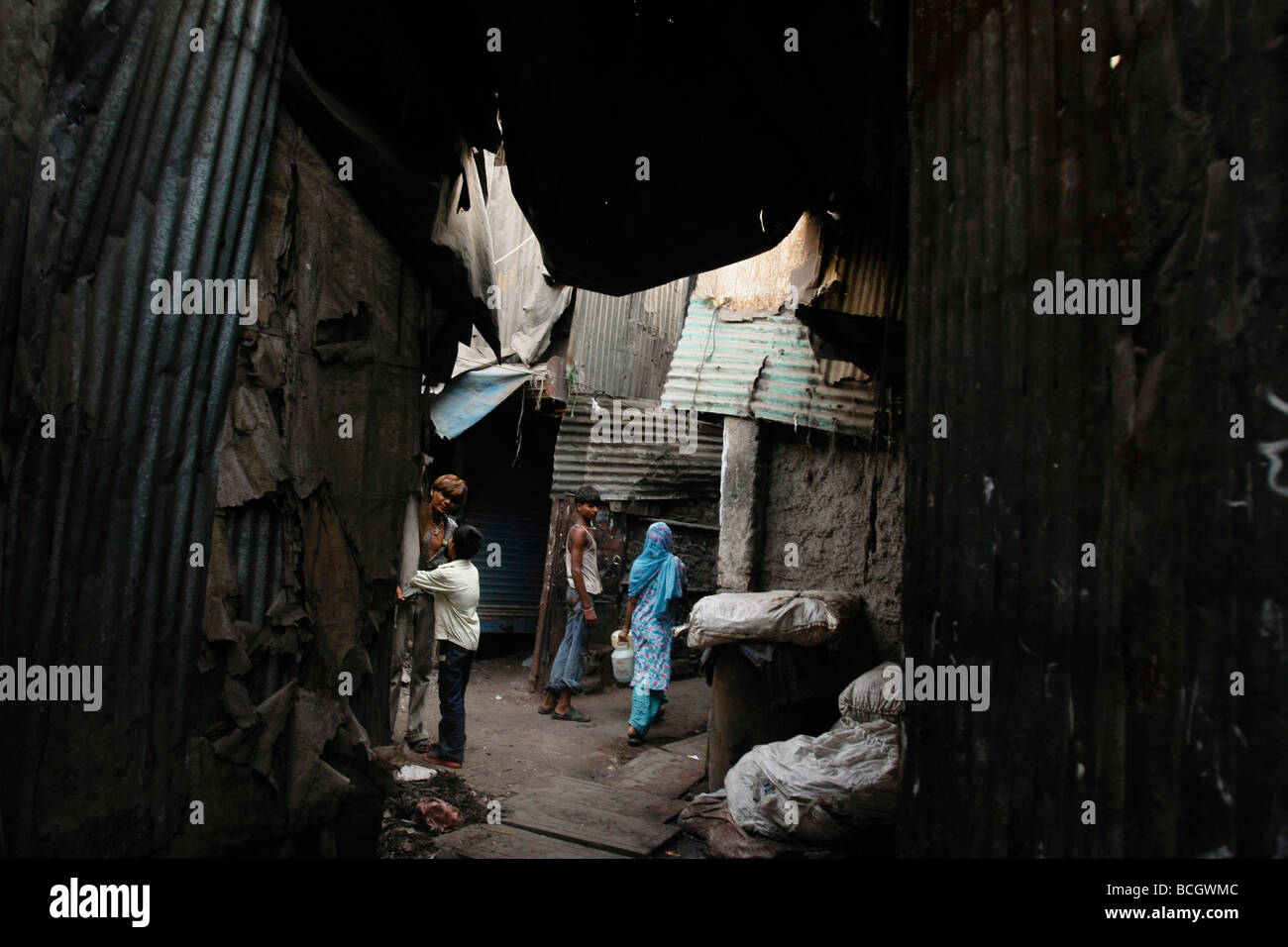 in the poor slum area of Dharavi in Mumbai (Bombay) in India. Stock Photo
