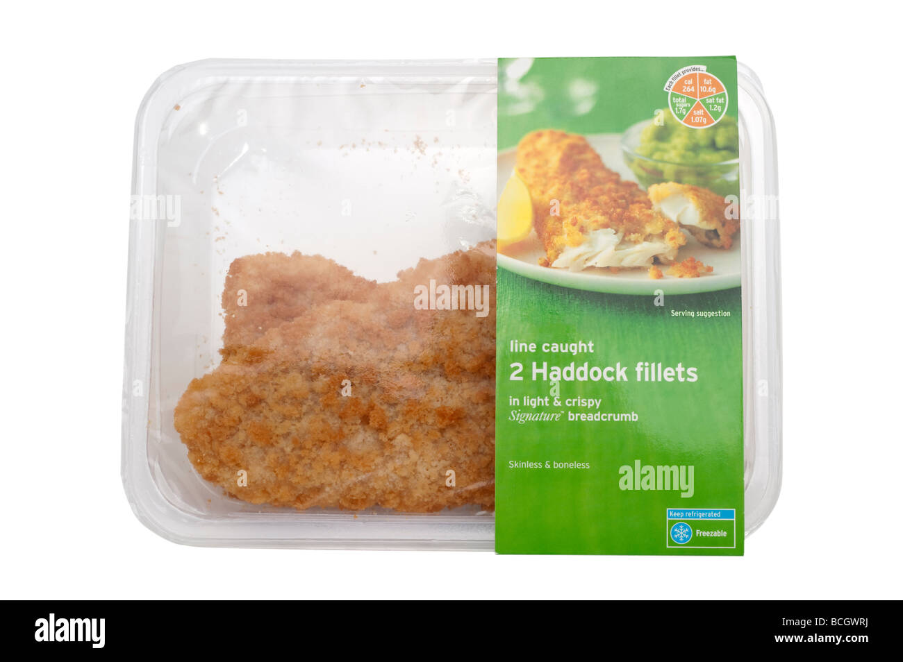 Two 'line caught' 'haddock fillets' in breadcrumb coating sealed in a clear plastic carton package Stock Photo