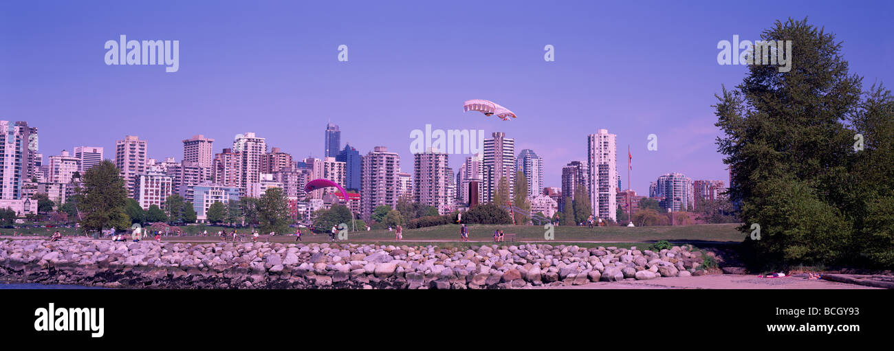 Kite Flying at Vanier Park and the City of Vancouver and the West End Skyline at English Bay