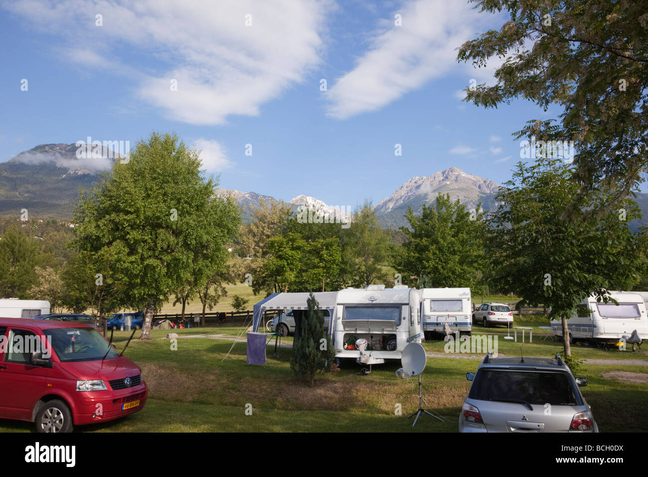 Imst Tyrol Austria Europe Campsite in an Alpine valley in the Imst Gurgltal region in summer Stock Photo