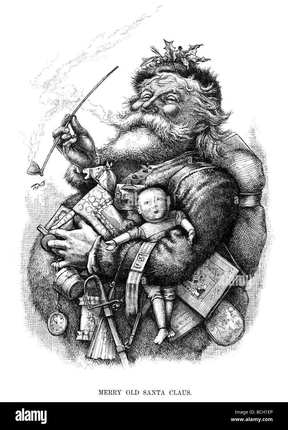 Merry Old Santa Claus. Classic 19c wood cut of Santa Claus by Thomas Nast. Stock Photo