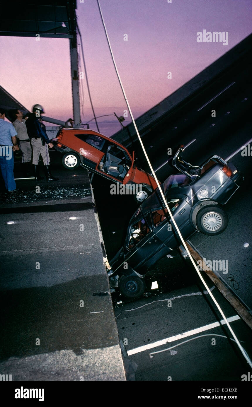 Two cars caught when the San Francisco-Oakland Bay Bridge collapsed after the 1989 Loma Prieta earthquake Stock Photo