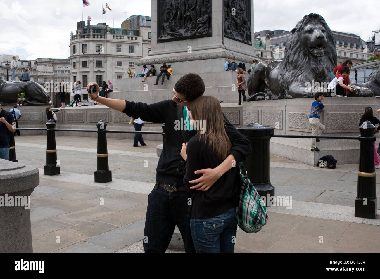 London Britain Trafalgar Square Visitors photograph themselves  2009 Stock Photo