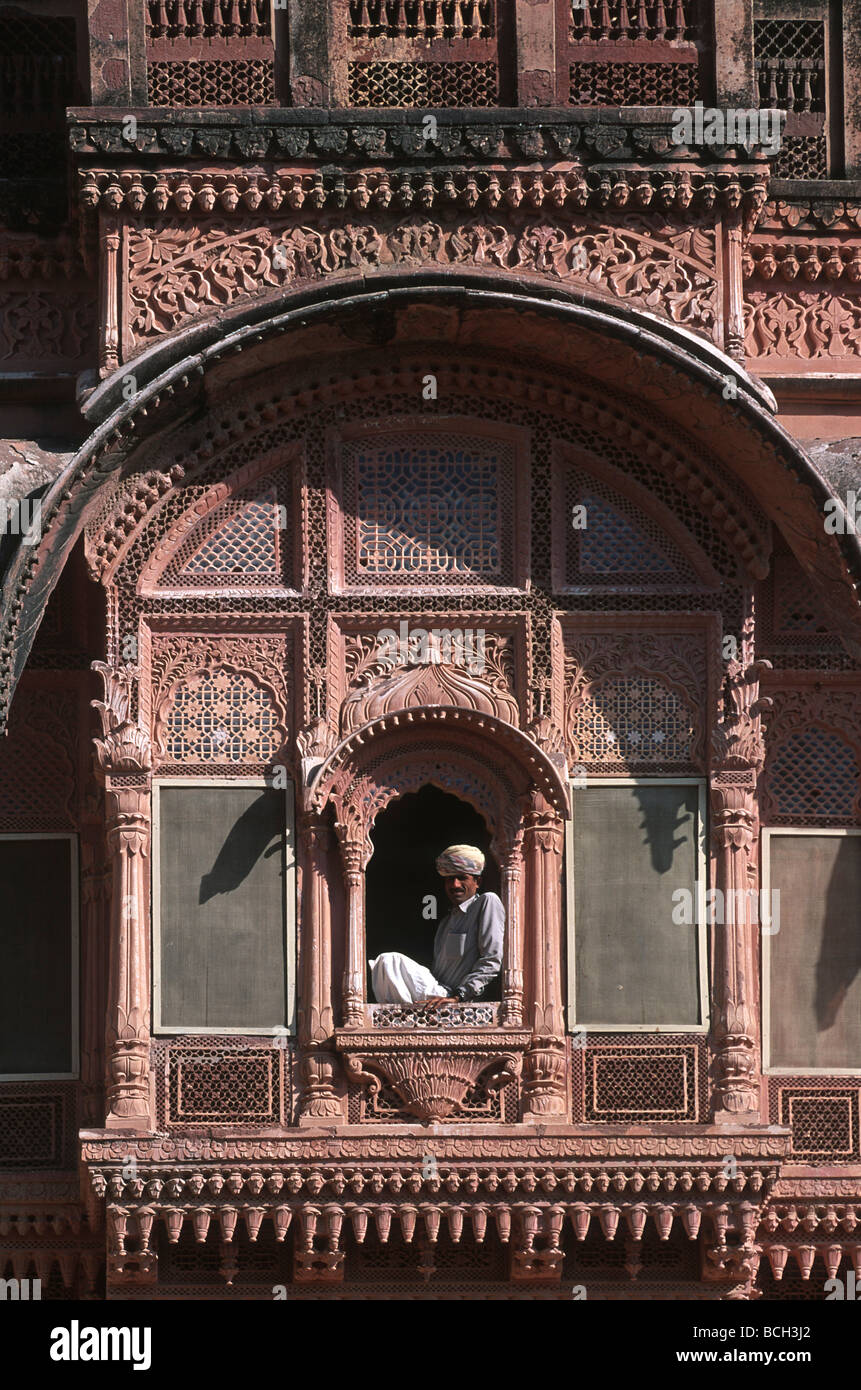India Rajasthan Jodhpur Mehrangarh fortress Carved windows and arches ...