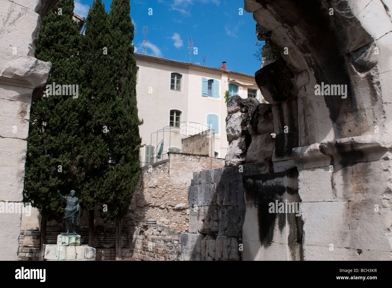 Emperor Augustus statue at Porte d Auguste Nimes France Stock Photo