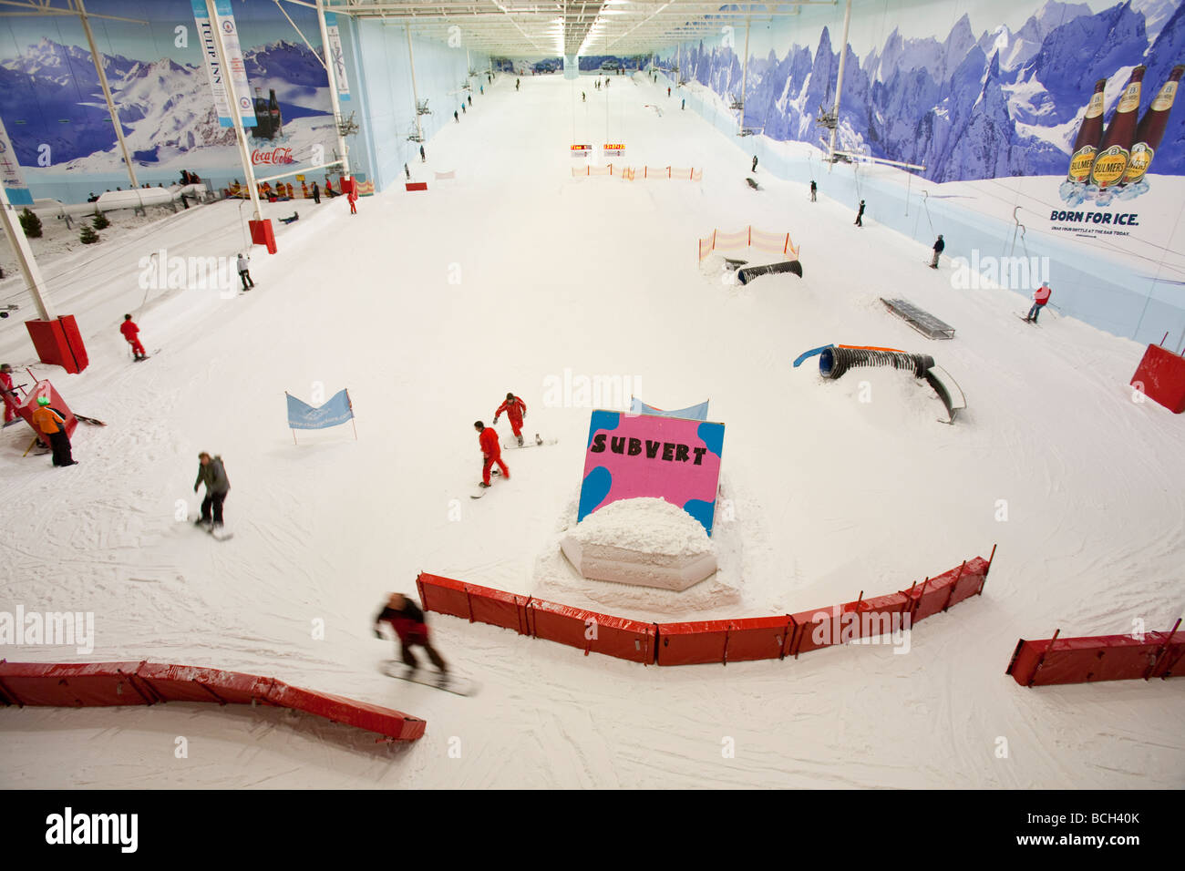 Skiers at the Chill Factor an indoor skiing area in Manchester UK Stock