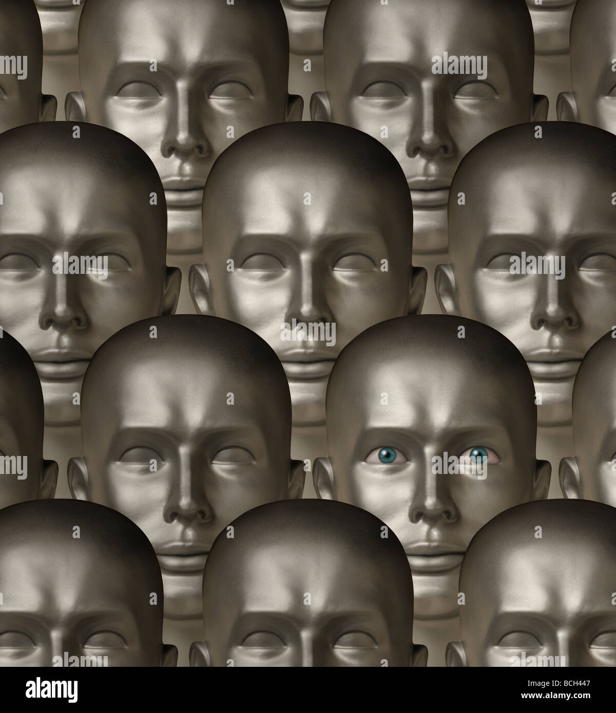 Rows of metallic robot androids one with human eyes Stock Photo