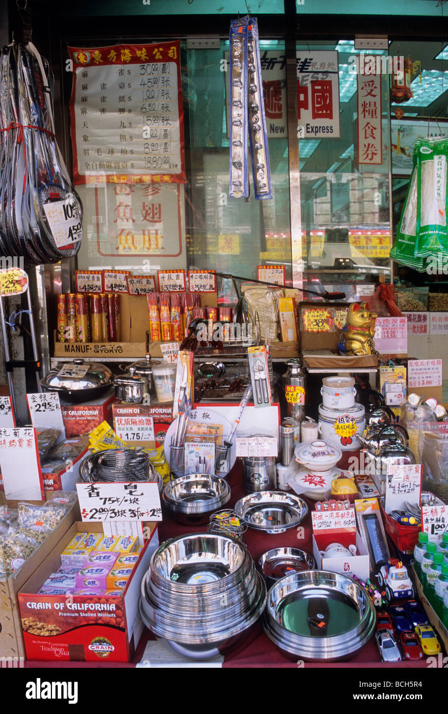 Chinatown, Canal Street, Lower Manhattan, New York City, USA General household goods storefront. Housewares laid out on the street. Stock Photo