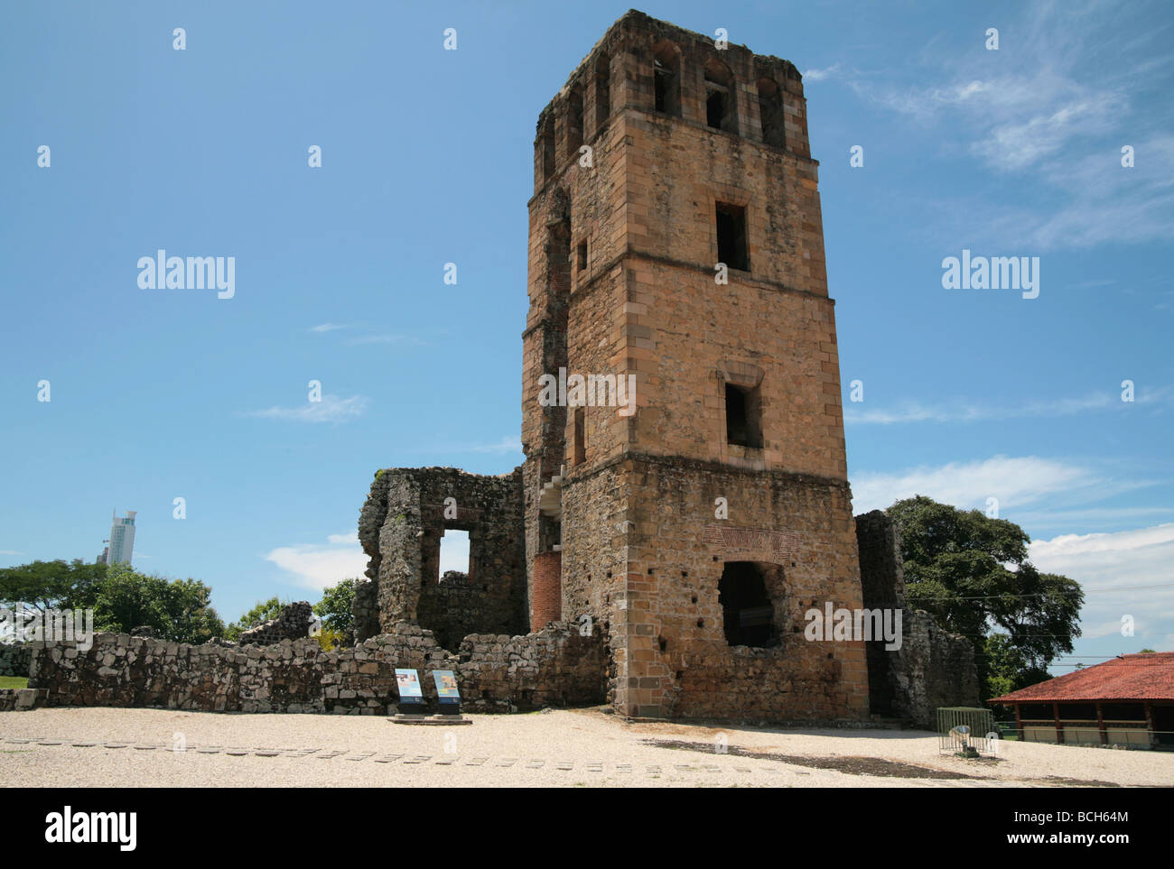 Ruins of Panama La Vieja (Old Panama), at Panama City, showing the tower and surroundings. Stock Photo