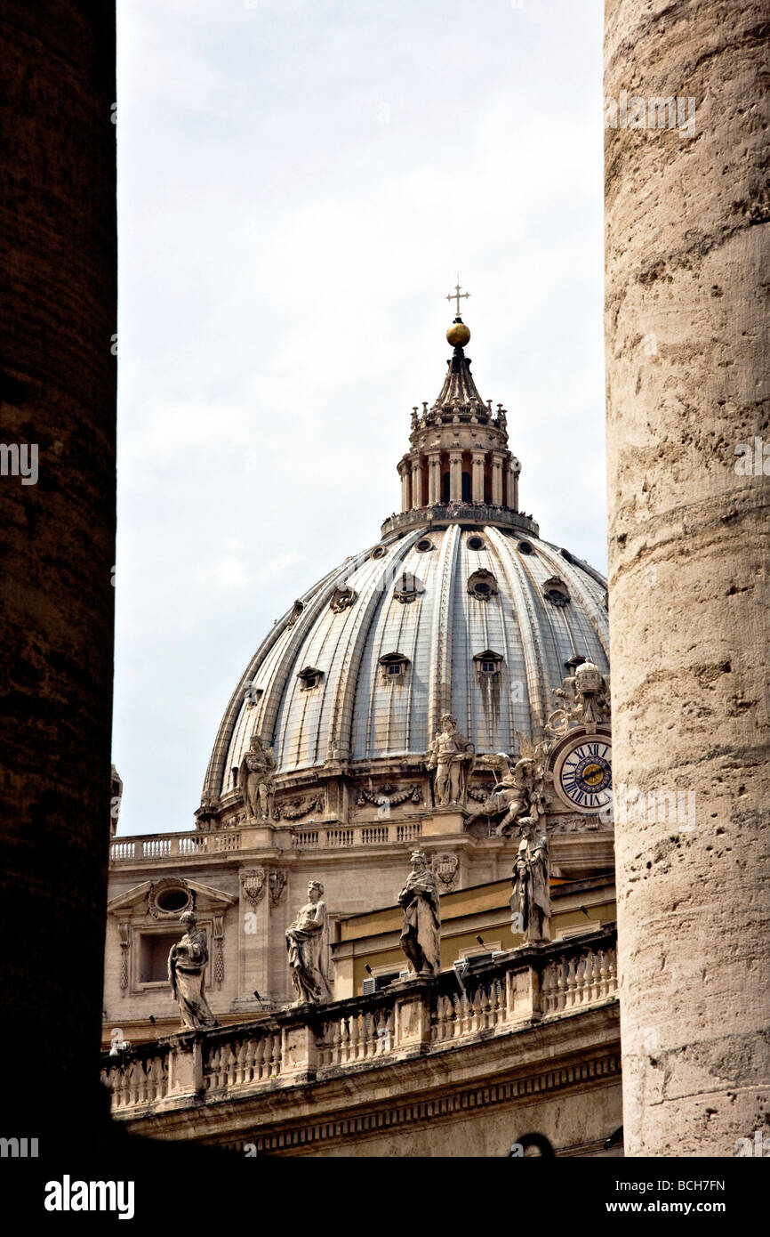 St. Peter's Basilica dome from the columns, Basilica di San Pietro, colonnades, Saint Peter's Square, Piazza San Pietro, Vatican Stock Photo