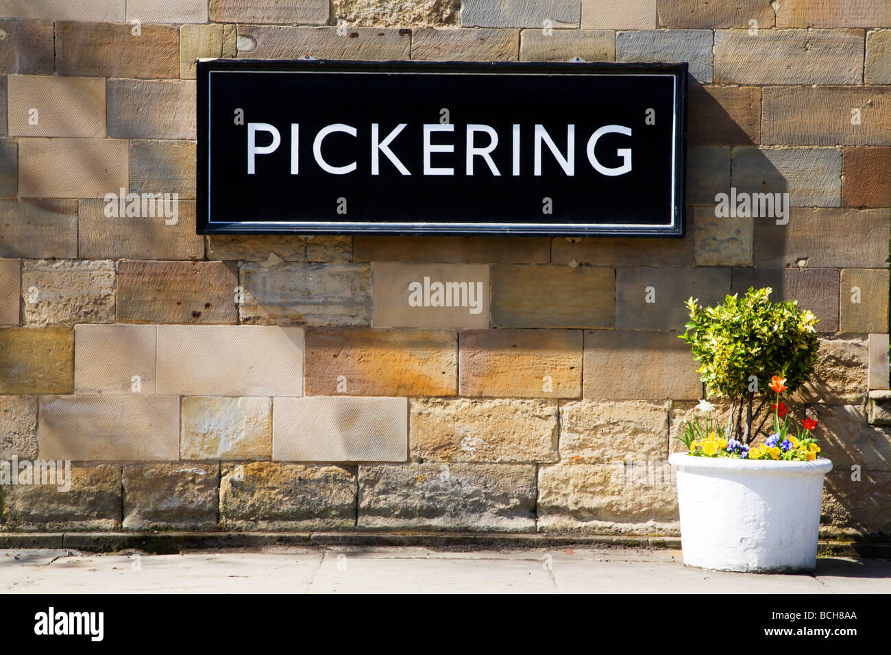 Pickering Station Sign Pickering North Yorkshire England Stock Photo