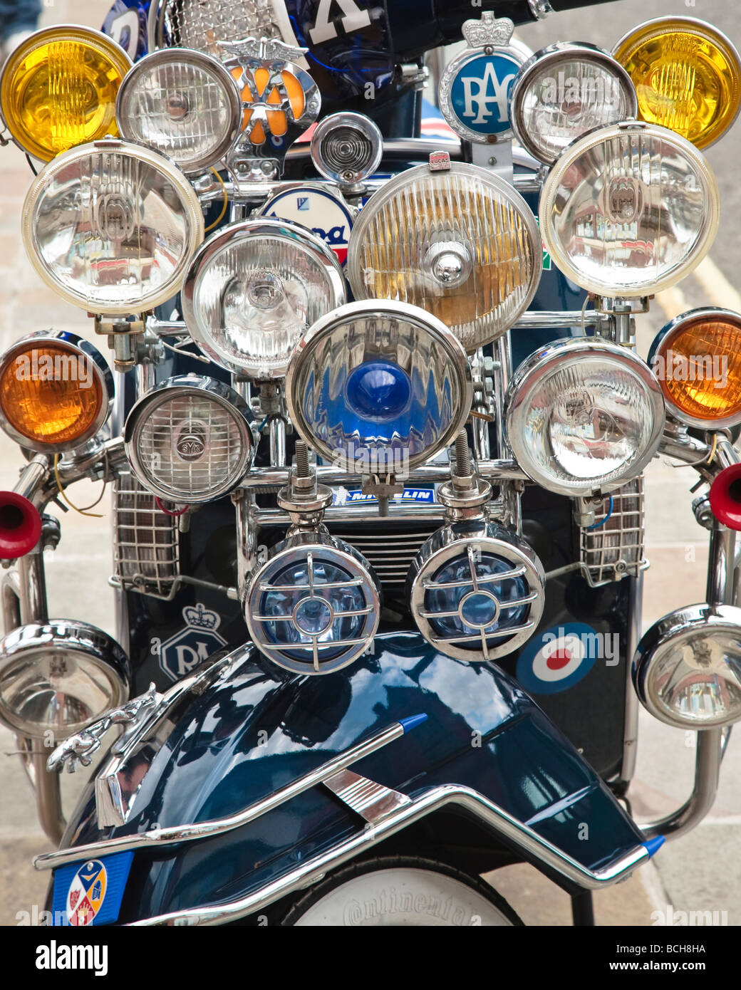 Mod Vespa scooter customized with chrome lights and mirrors Stock Photo