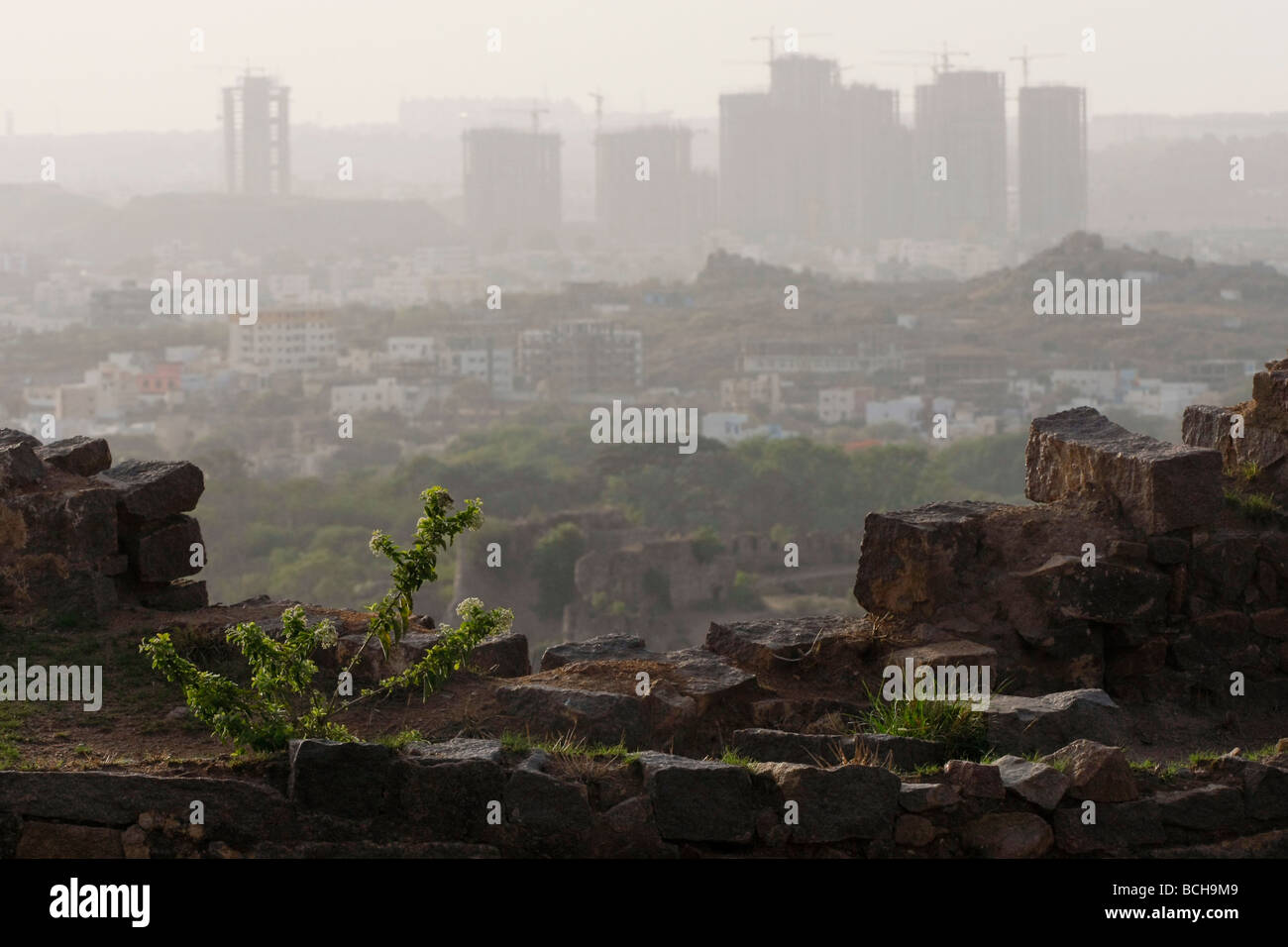 A view from the Golconda Fort of large residential complexes under construction in Hyderabad in India. Stock Photo