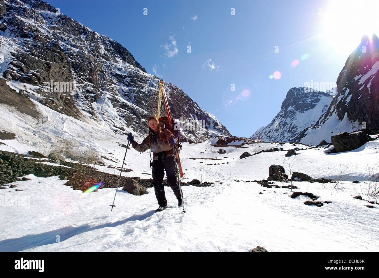 Women Mountaineers Descend Eklutna Glacier SC Alaska Spring Chugach Mtns Stock Photo