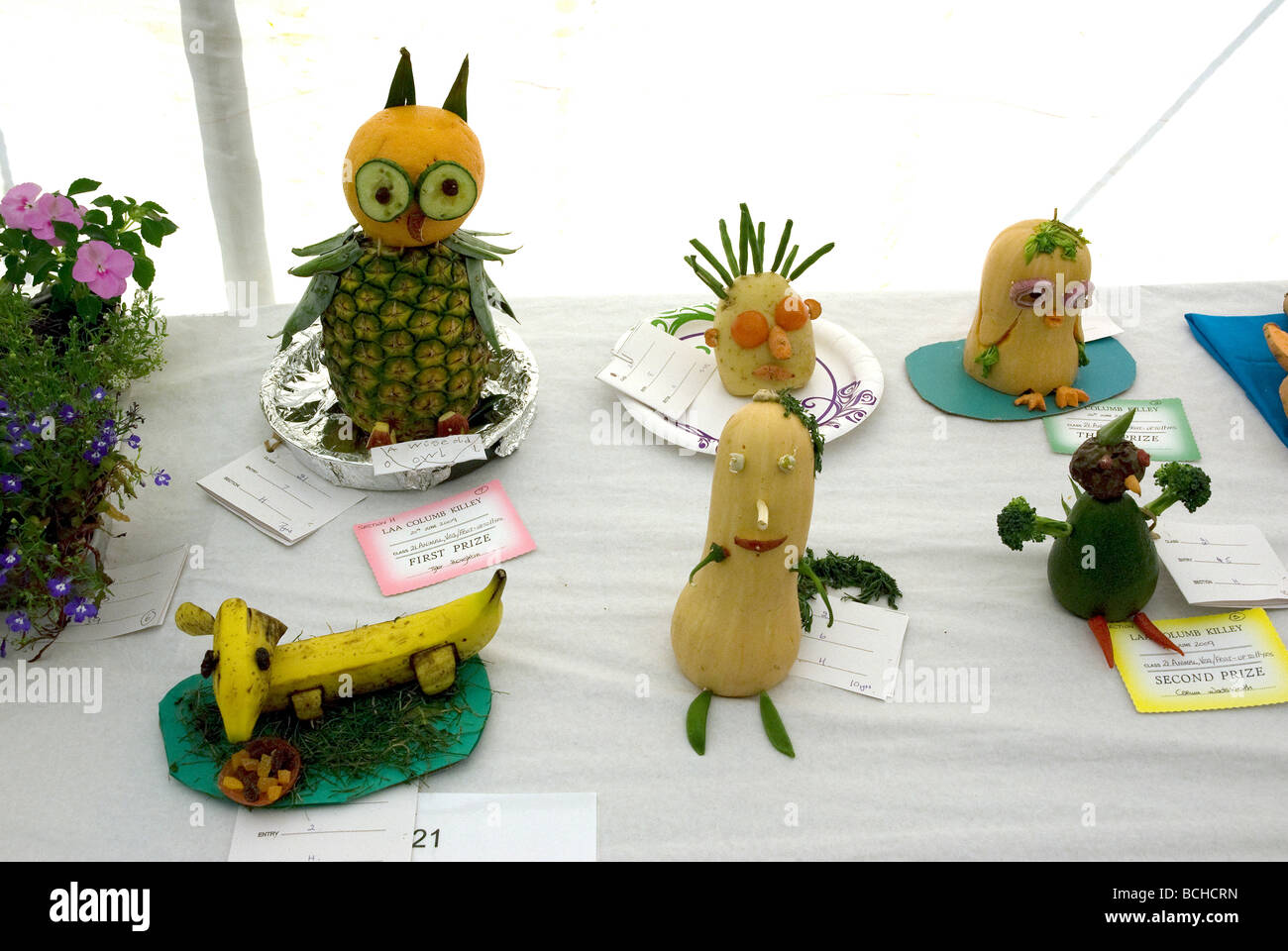 Animals made out of fruit at agricultural show Stock Photo