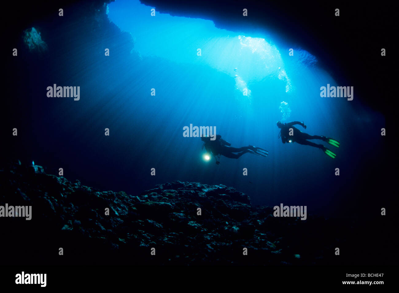 Scuba Diver exploring Blue Hole Cave of Vela Luka Vela Luka Korcula ...