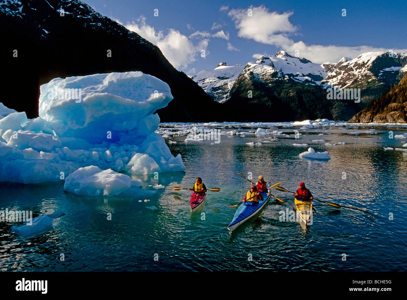 Sea Kayaking Inside Passage LeConte Bay Southeast Alaska summer scenic Stock Photo
