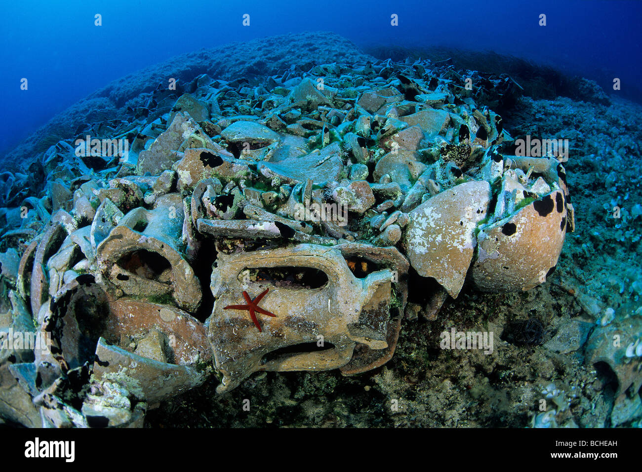 Amphora Field on Sea Bottom Vis Island Dalmatia Adriatic Sea Croatia Stock Photo