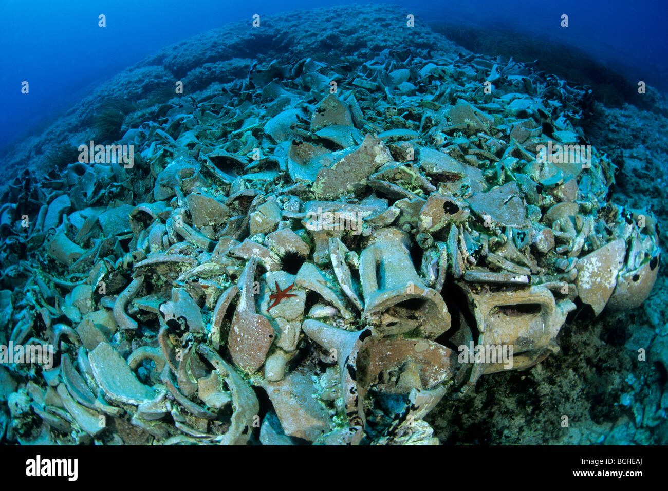 Amphora Field on Sea Bottom Vis Island Dalmatia Adriatic Sea Croatia Stock Photo