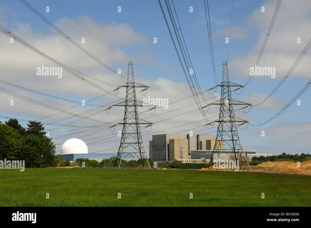 Pylons carrying electricity from Sizewell A and B Nuclear power stations in Leiston, Suffolk,UK Stock Photo