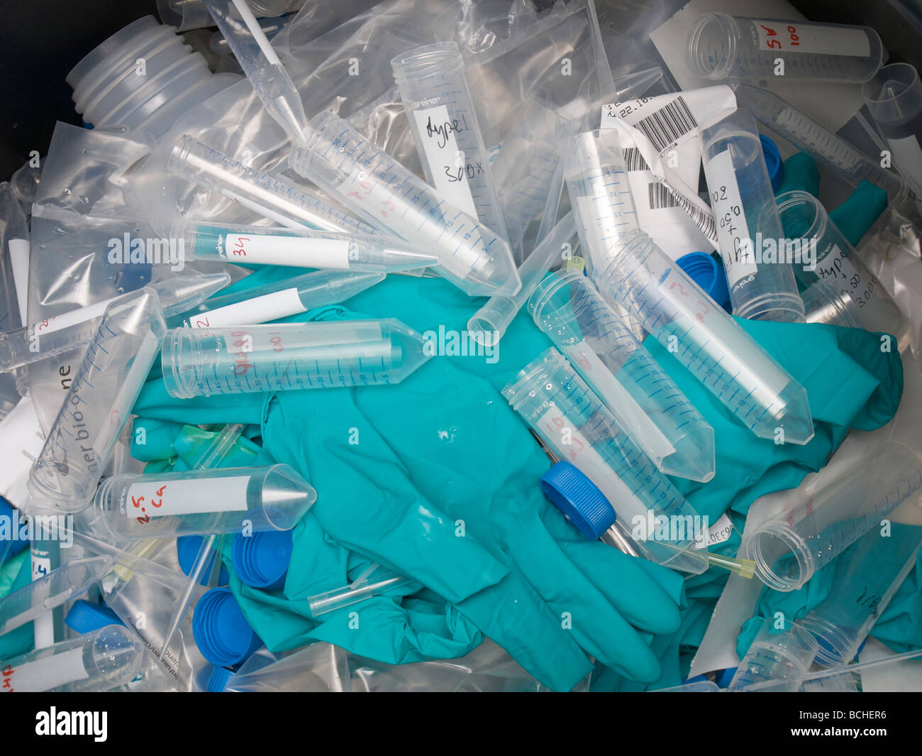 Lab waste inside of garbage bin filled with contaminated single use material Tilburg the Netherlands Stock Photo