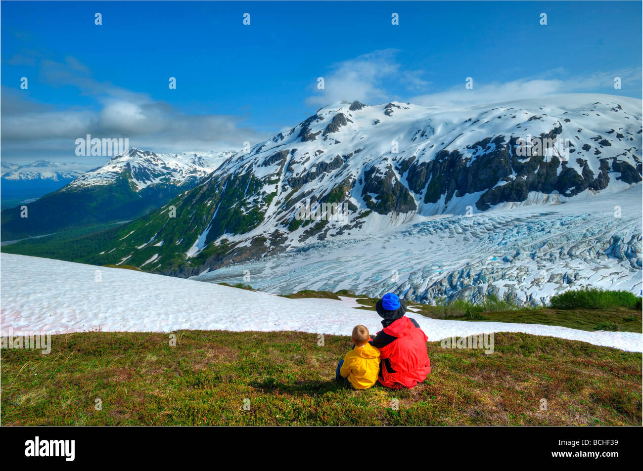 Father and son on the Harding Ice Field Trail overlooking Exit Glacier in Kenai Fiords National Park, Alaska Stock Photo