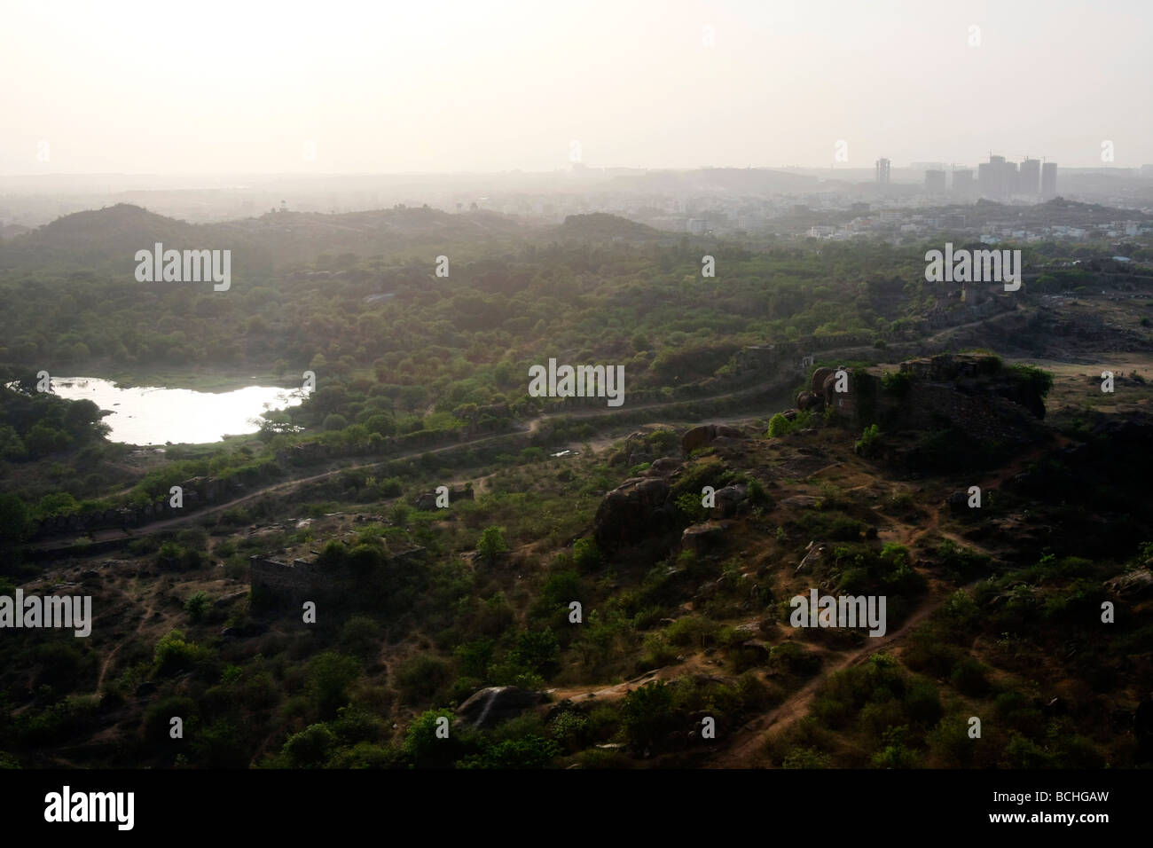 A view over the outskirts of Hyderabad where the city is expanding in India Stock Photo