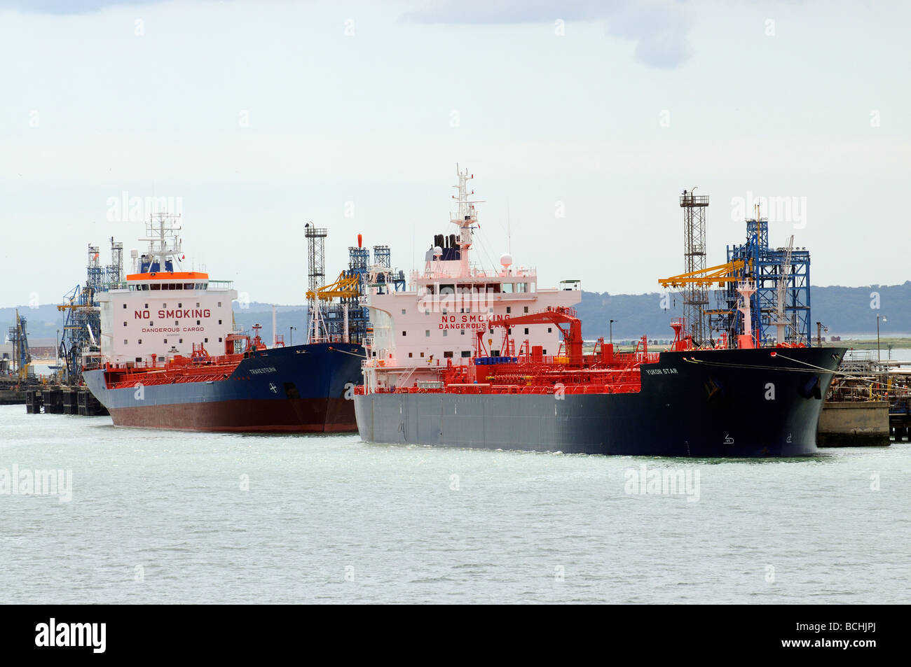Marine Terminal Fawley Southampton UK crude oil tankers alongside the Yukon Star and the Travestern Stock Photo