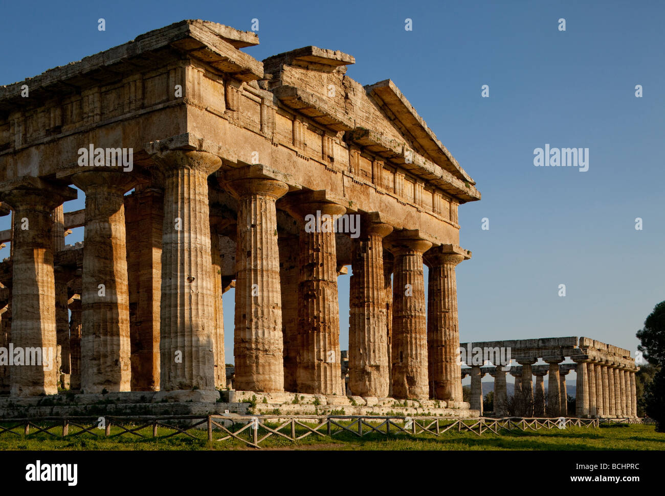 The Temple of Hera (Neptune) and the Basilica, Paestum Italy Stock Photo