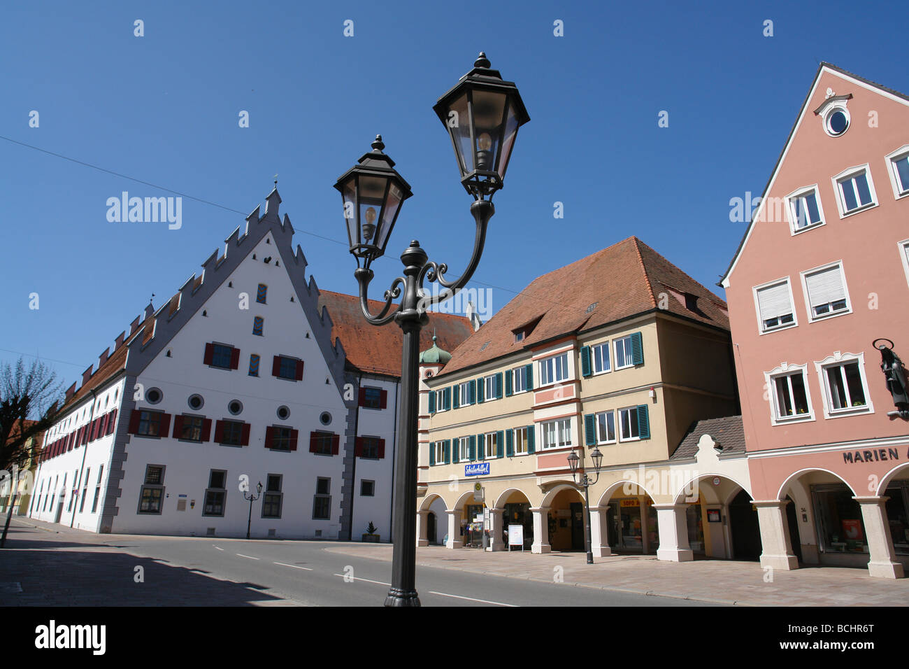 Reichsstrasse with street lamp Donauworth in Bavaria The Romantic Road Germany May 07 Stock Photo