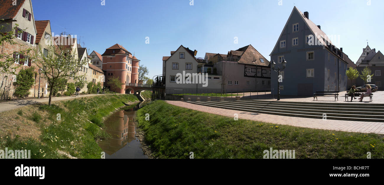 City gate river canal Wornitz Donauwoerth in Bavaria The Romantic Road Germany May 07 Stock Photo