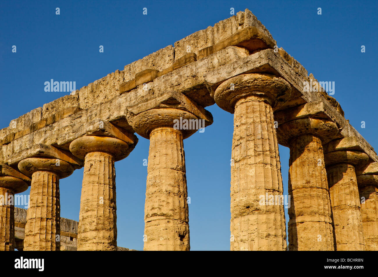 The southwest corner of The Temple of Hera I, (Basilica) Paestum, Italy