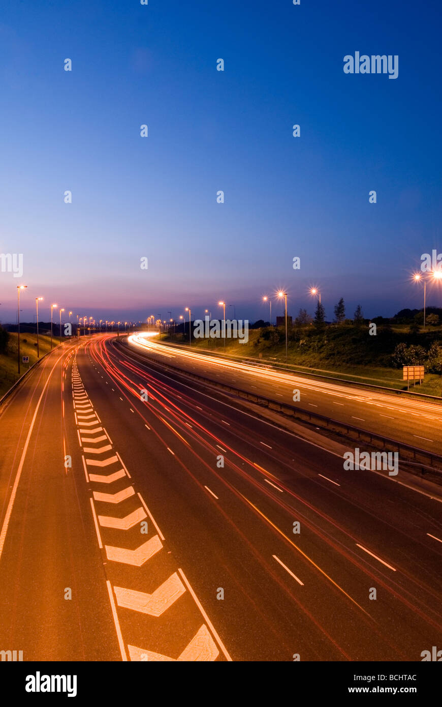 Thelwall M6 motorway traffic light trails, Warrington, Cheshire, England, UK Stock Photo