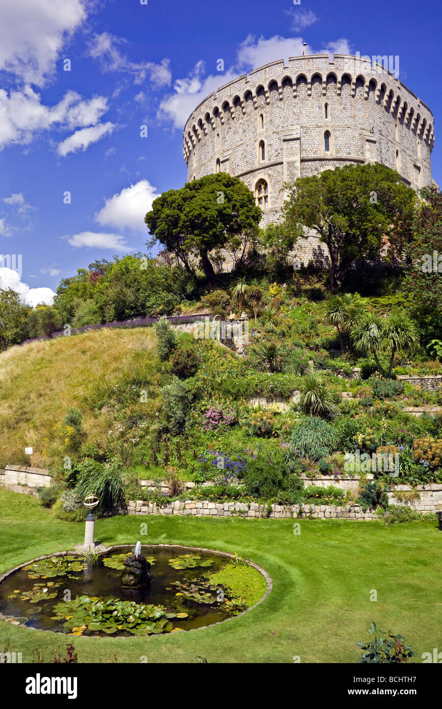 Garden beneath Round Tower, Windsor Castle, Berkshire, England, official home of Her Majesty Queen Elizabeth II Stock Photo