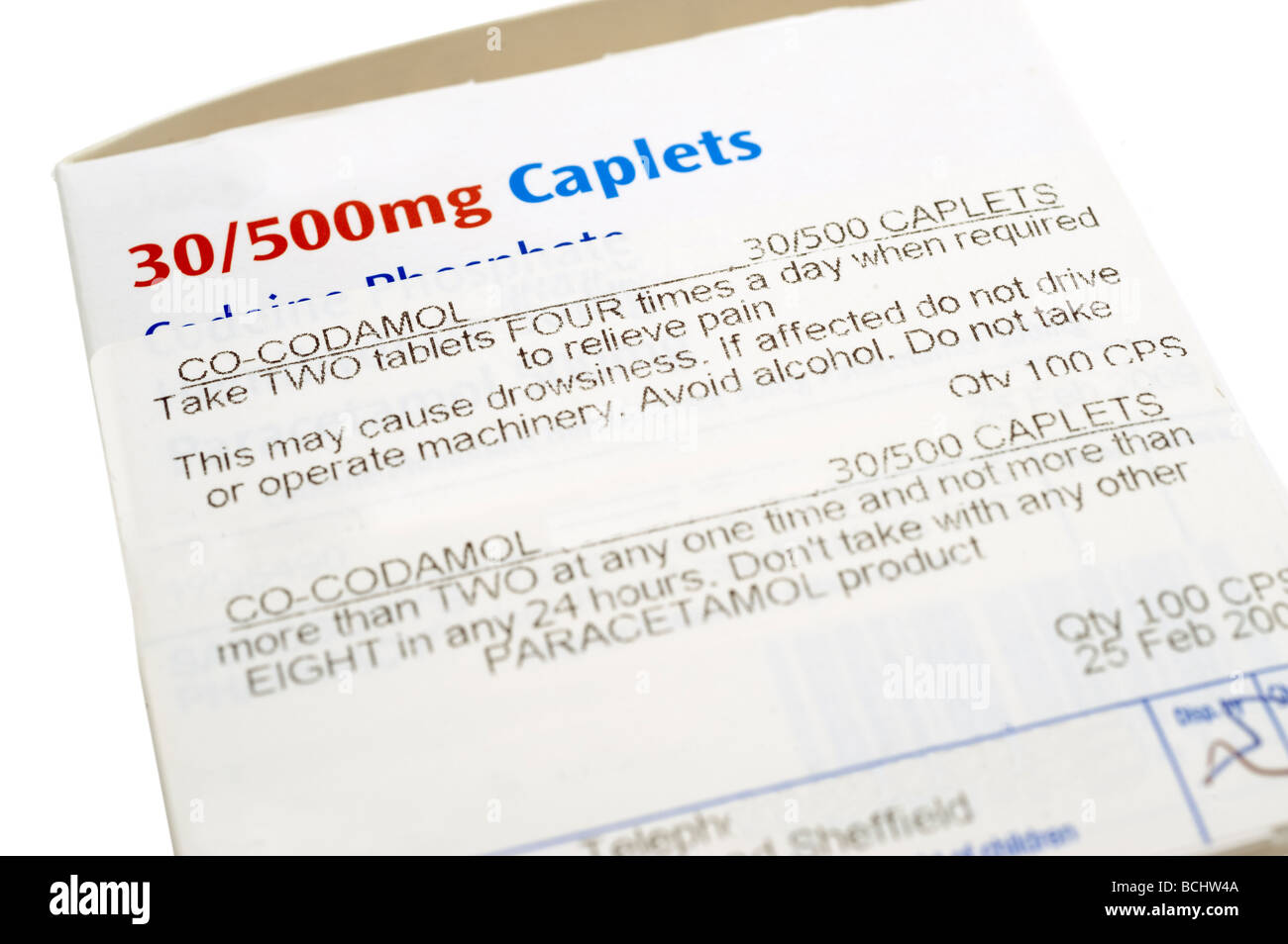 Boxed prescription of 100 30/50 Co Codamol Caplets Stock Photo