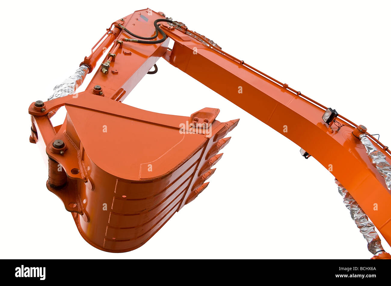 Orange clear excavator bucket beam isolated over white with clipping path. Close up. Stock Photo