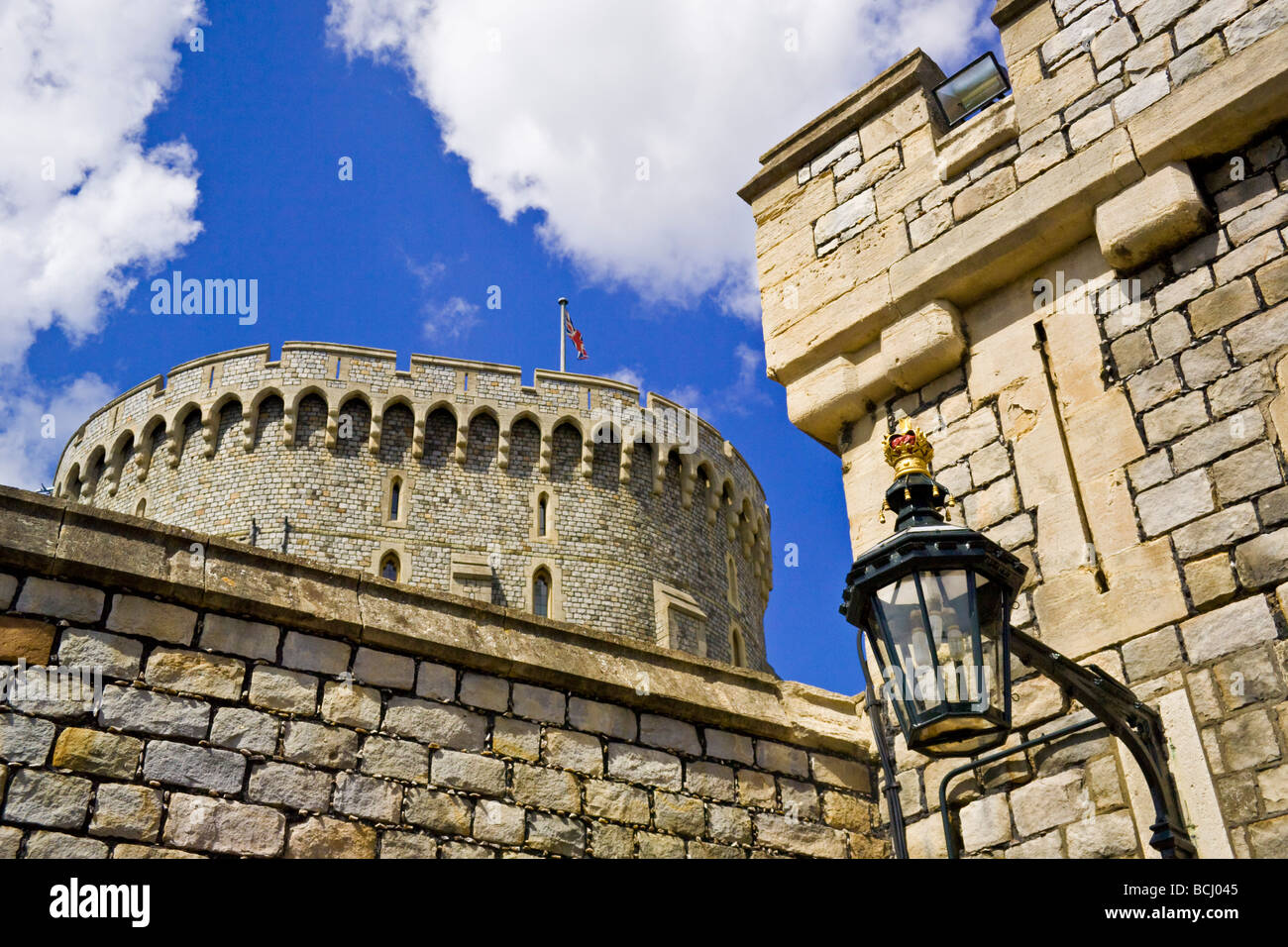 Round Tower and lantern on Edward III gate, Windsor Castle, Berkshire, England, official home of Her Majesty Queen Elizabeth II Stock Photo