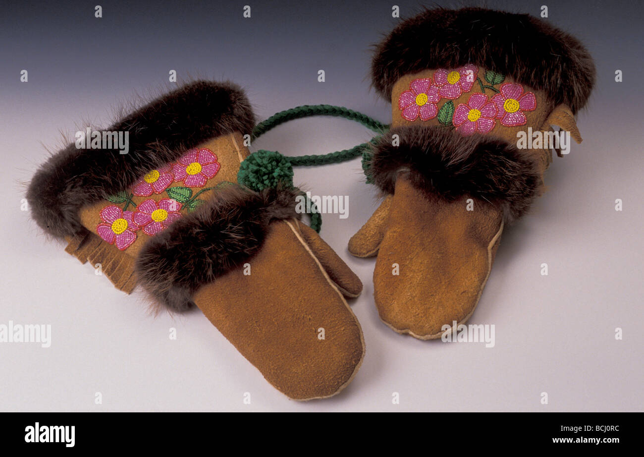 Native Moose Hide Mittens w/Beaver Trim & Beads/nby Barabara Gerue Stock Photo