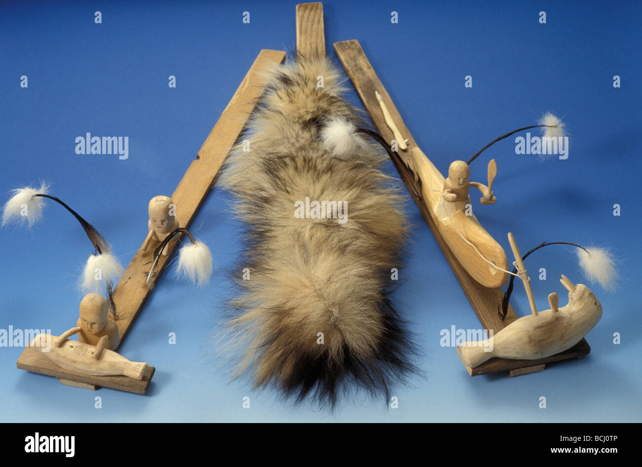 Alaskan Yupik Dance Sticks w/Hunter Story Carving AK Driftwood Ivory Fur Stock Photo