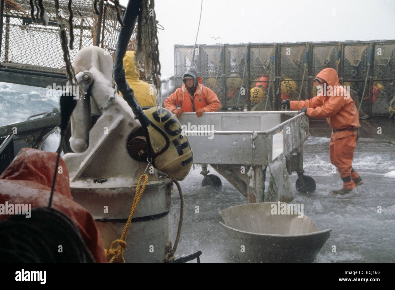 Fisherman Working on Deck High Winds Bering Sea SW AK /nOpilio Crab