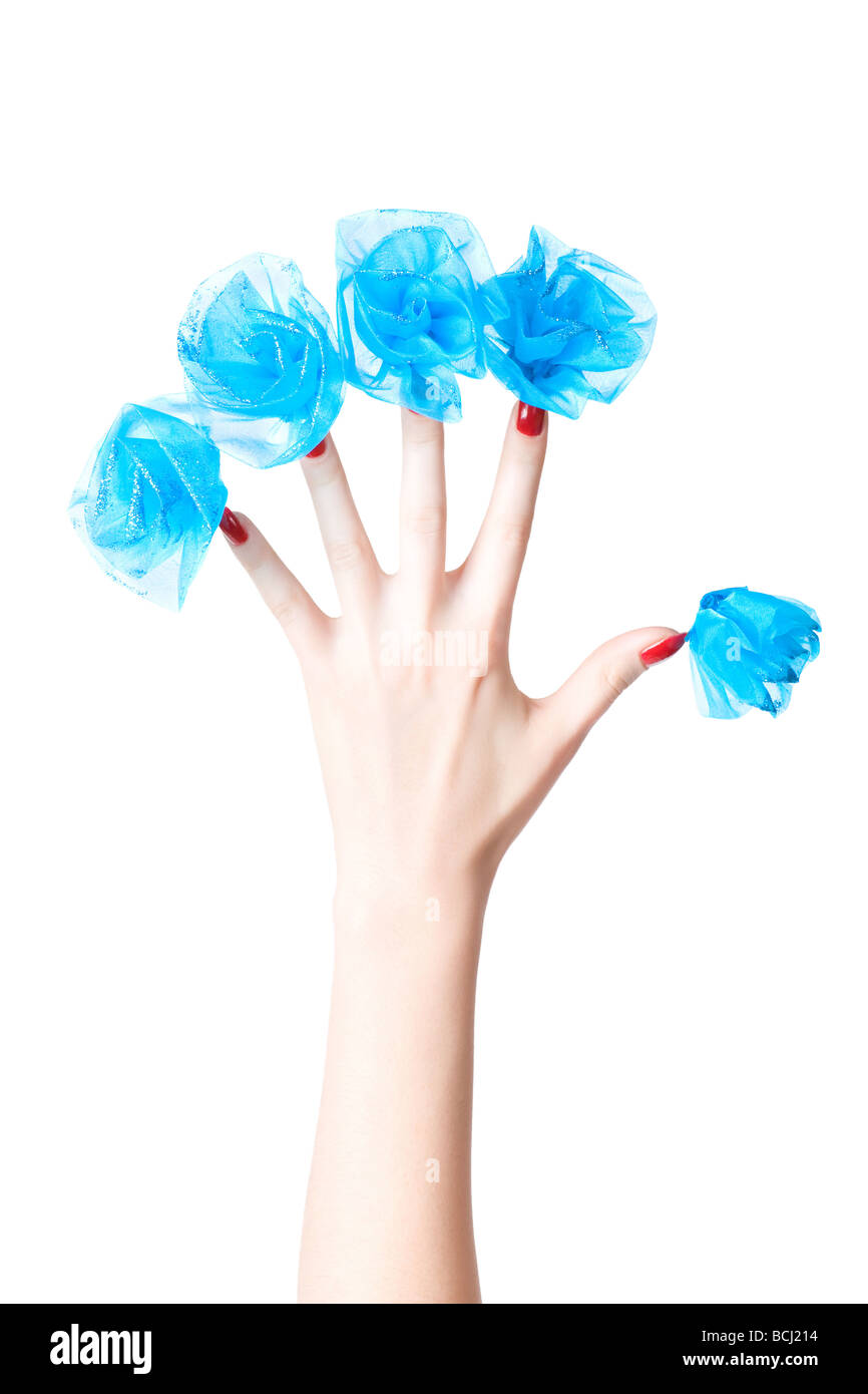 Woman hand with blue flowers on nails Isolated on white Stock Photo