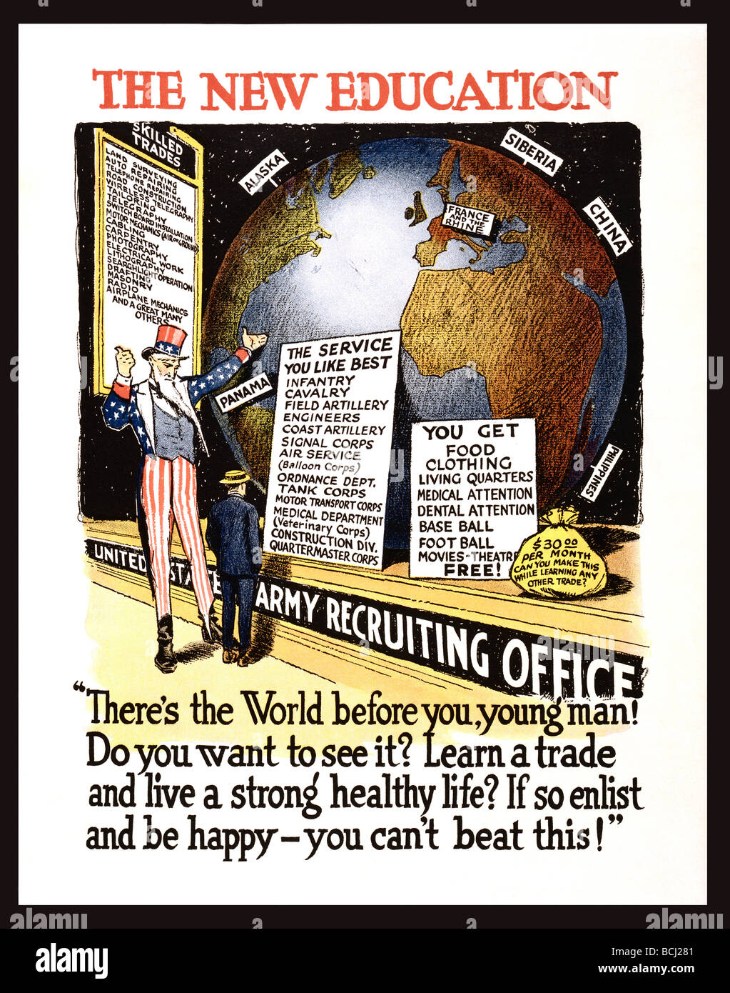 WWI poster by Winsor McCay, Uncle Sam showing a man to the Army Recruiting Office Stock Photo