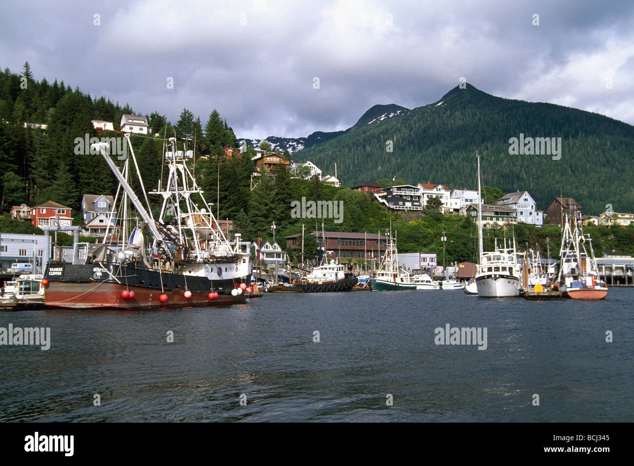 Commercial Boat Harbor & Deer Mtn Ketchikan AK SE Summer Stock Photo